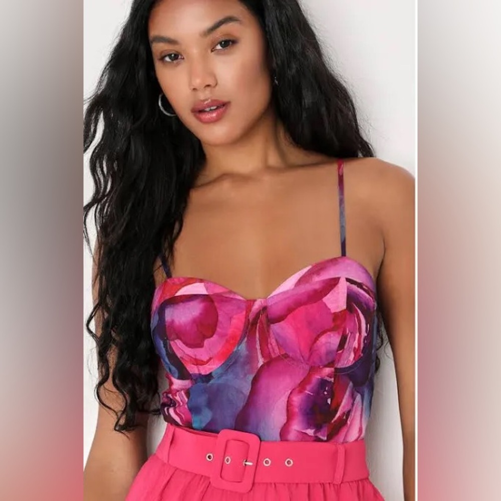 NWT Lulu's Perfect Energy floral print bustier bodysuit in purple size medium